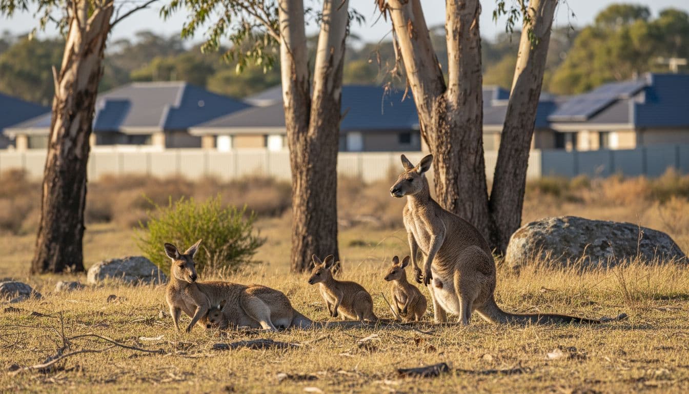 Four kangaroos with joeys relax in bushland near suburban outskirts amid eucalyptus trees and dry grass. Yet another reason to visit Australia from the US.