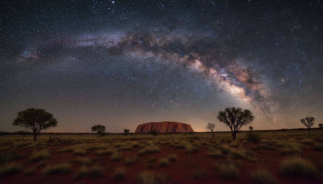 Clear night sky with Milky Way over Australian outback desert, Uluru silhouette in distance.