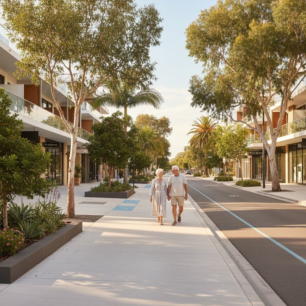 Senior couple walks hand-in-hand on wide clean sidewalk with greenery in modern Australian city. Australia is safe for Seniors.