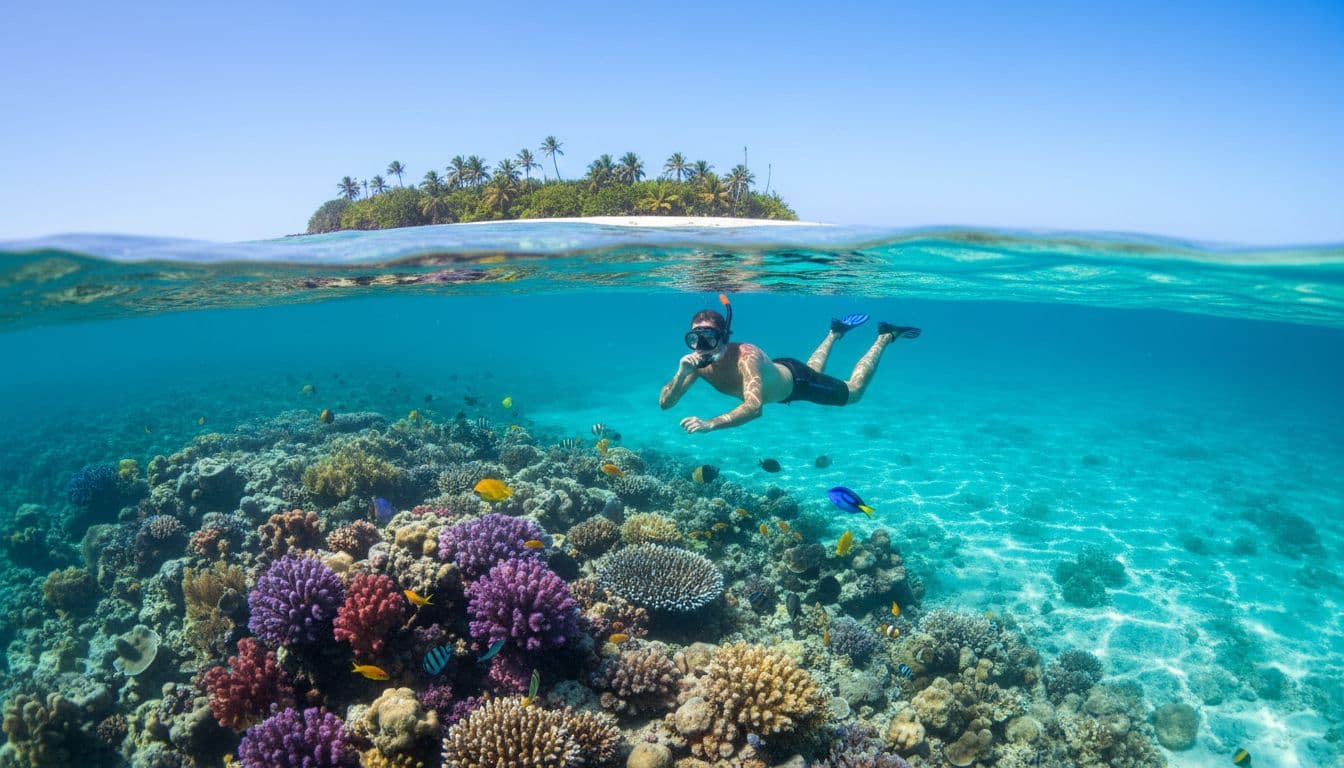 Snorkeler aged 50s rests at surface in turquoise waters over vibrant corals, small tropical island in background.