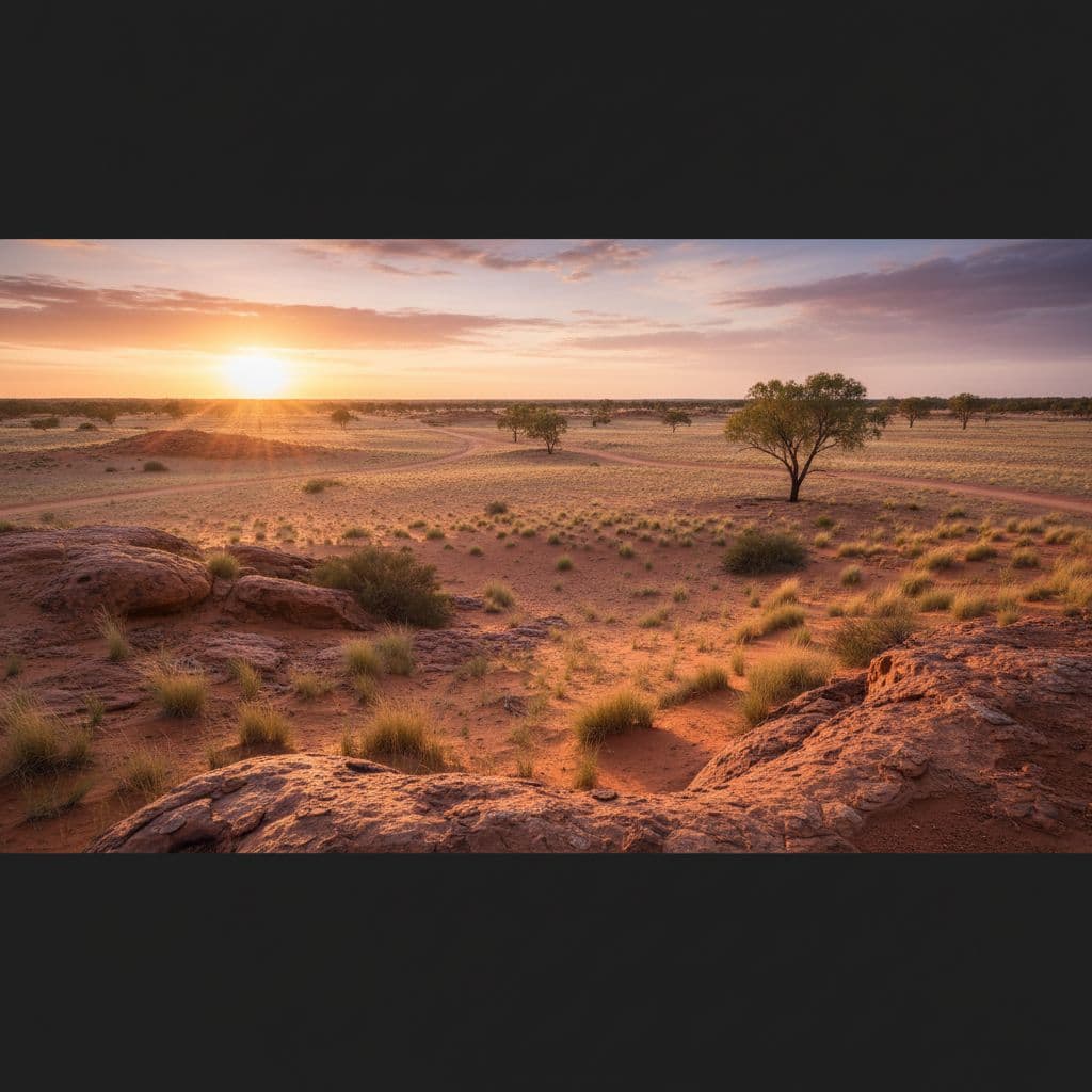 A calm, wide landscape of the Australian outback glows under the warm light of an early sunrise. Australia Travel Tips for Americans Over 50