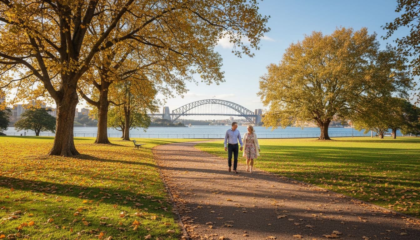 Couple in 50s walks hand-in-hand on path in autumn park with golden leaves, green grass, and distant Sydney Harbour Bridge across water under blue skies.