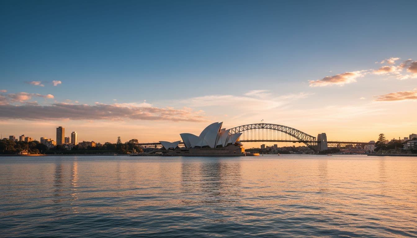 Panoramic view of Sydney Harbour with Opera House and Harbour Bridge at golden hour sunset, calm water, and clear skies with scattered clouds. This is one of the most popular reasons to visit Australia from the US.