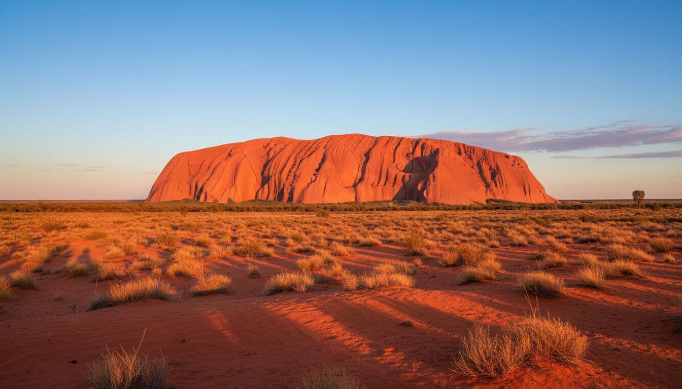 Uluru rock formation glows in red desert at sunrise with long shadows under clear sky. An amazing reason to visit Australia from the US.
