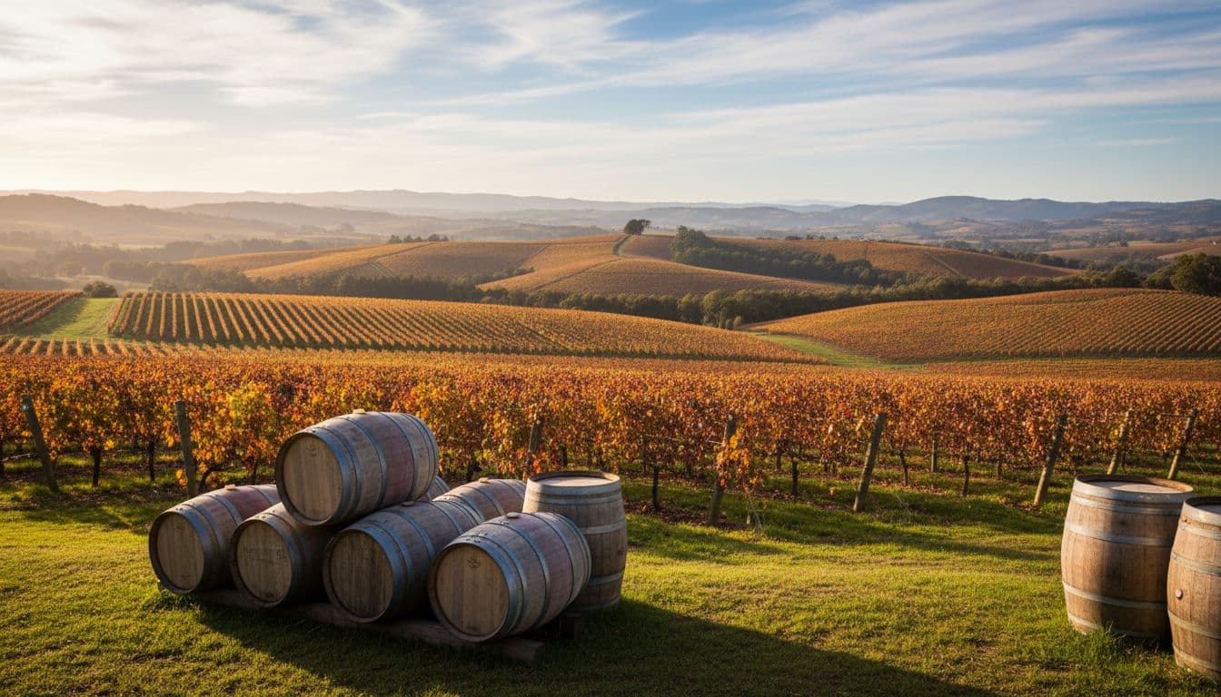 Rows of grapevines on rolling hills in Yarra Valley with wooden barrels in foreground on sunny autumn day.
