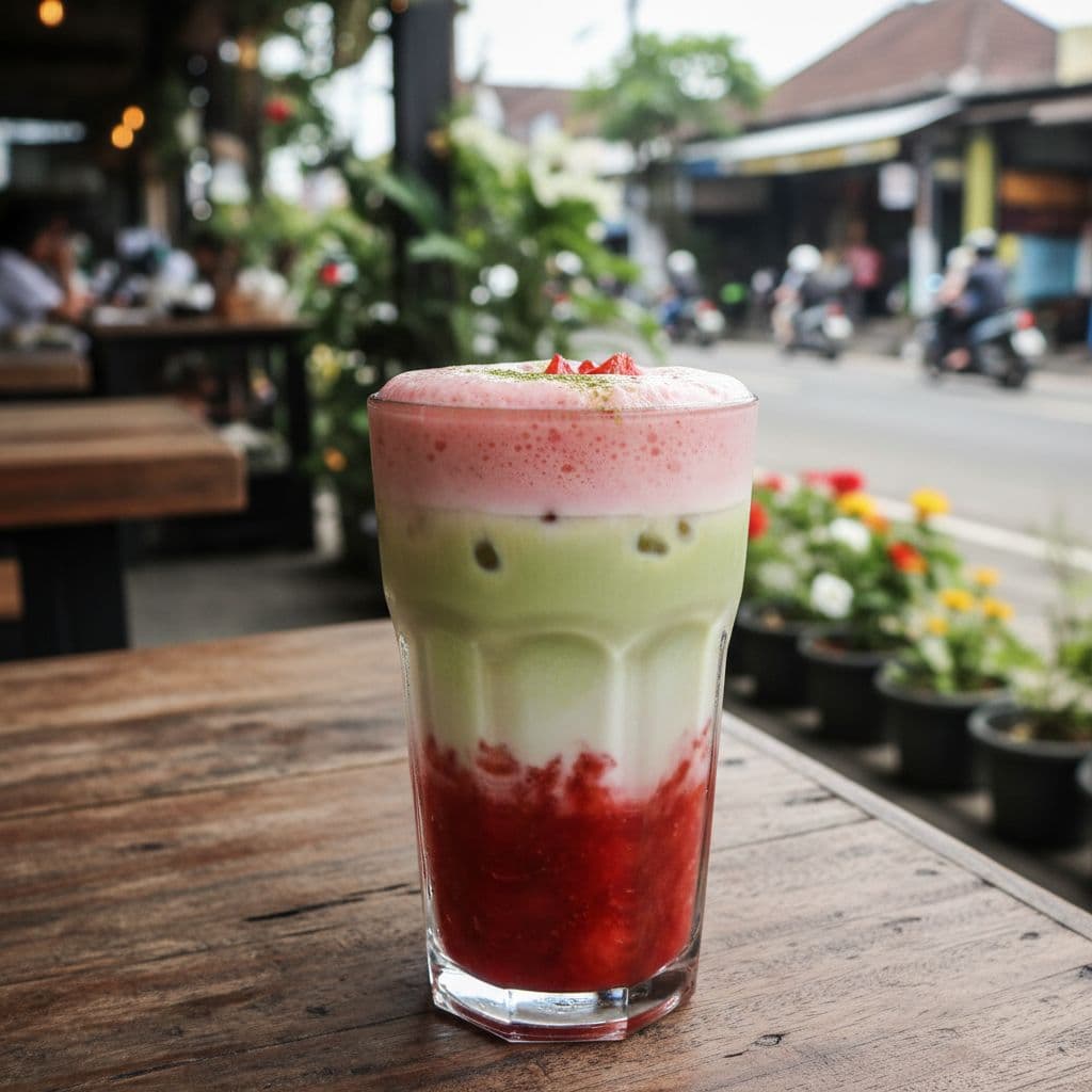 Strawberry matcha latte in tall clear glass with pink foam top and muddled strawberries at bottom on rustic wooden table in open-air Ubud cafe, blurred busy street behind.
