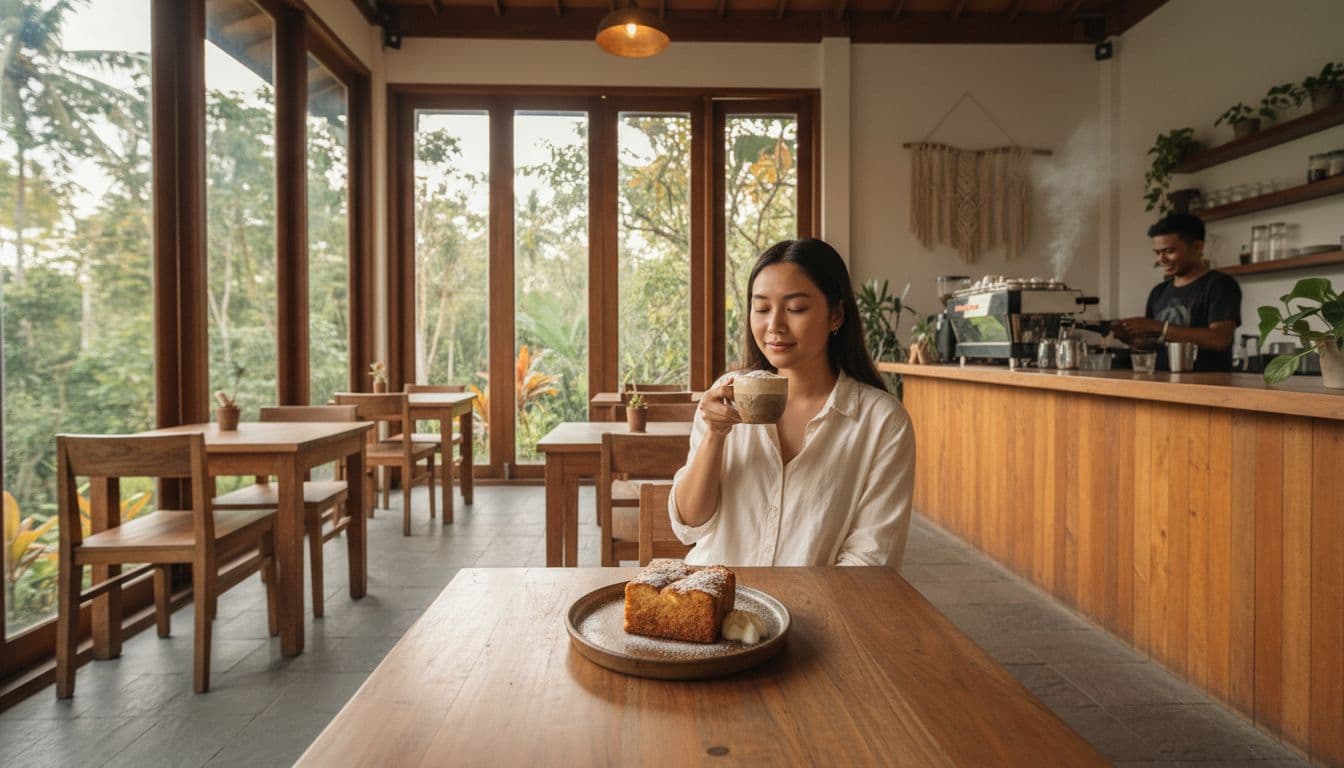 Cozy Ubud cafe interior with wooden tables holding cream cheese latte and bread pudding, friendly barista behind counter, one person sipping coffee by windows to greenery.