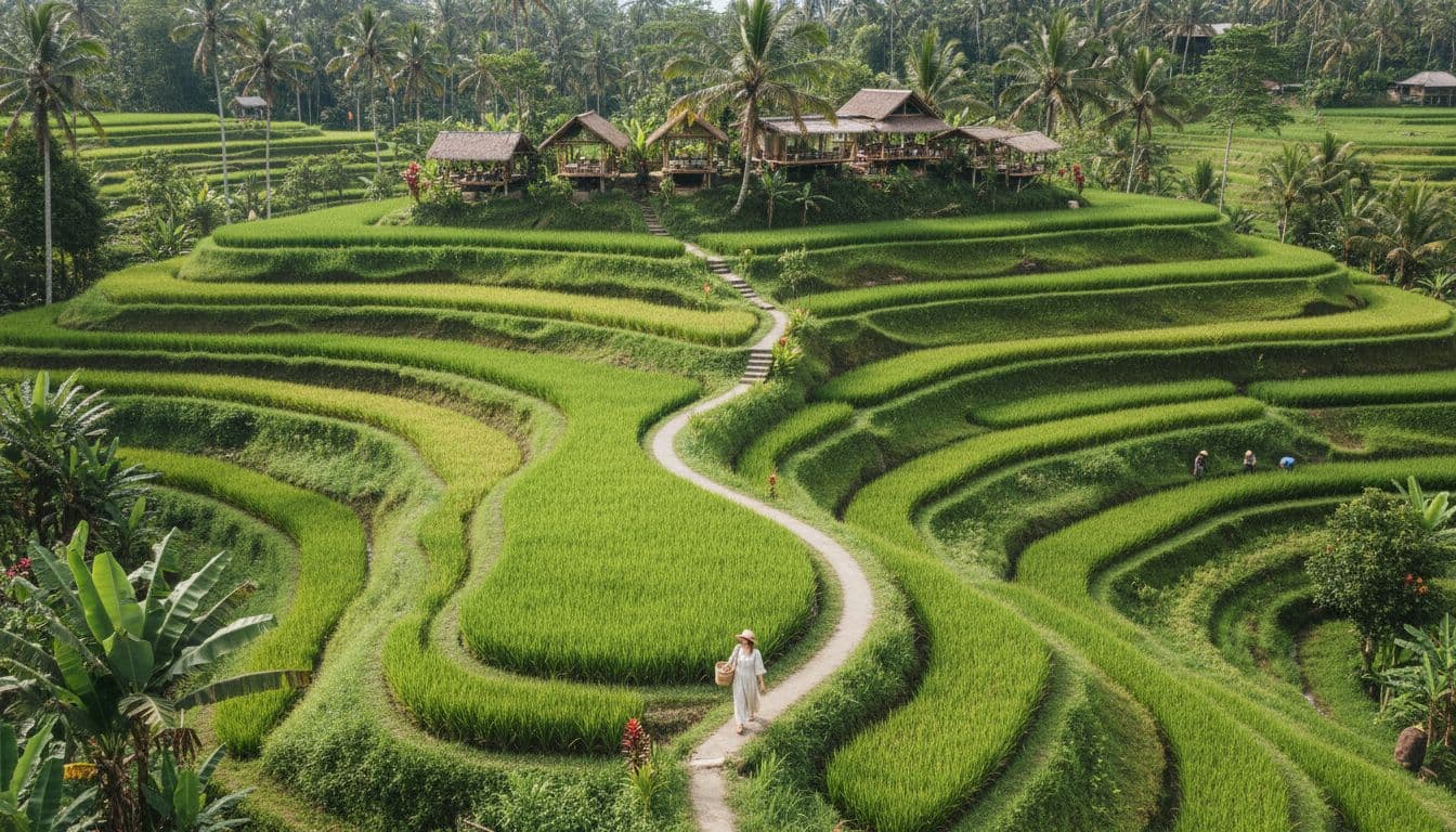 Narrow path winds through green rice terraces in Ubud with one walker foreground, farmers distant, hillside cafes.
