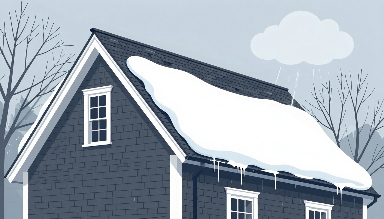 Snow covered roof with ice damns in gutters