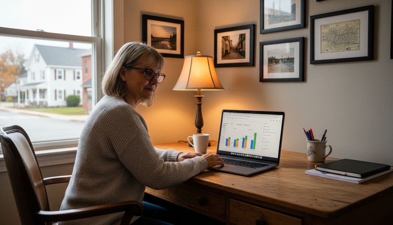 A small business owner in a cozy New England office reviewing GBP insights on a laptop, with a quiet street seen through the window. Image created with AI.
