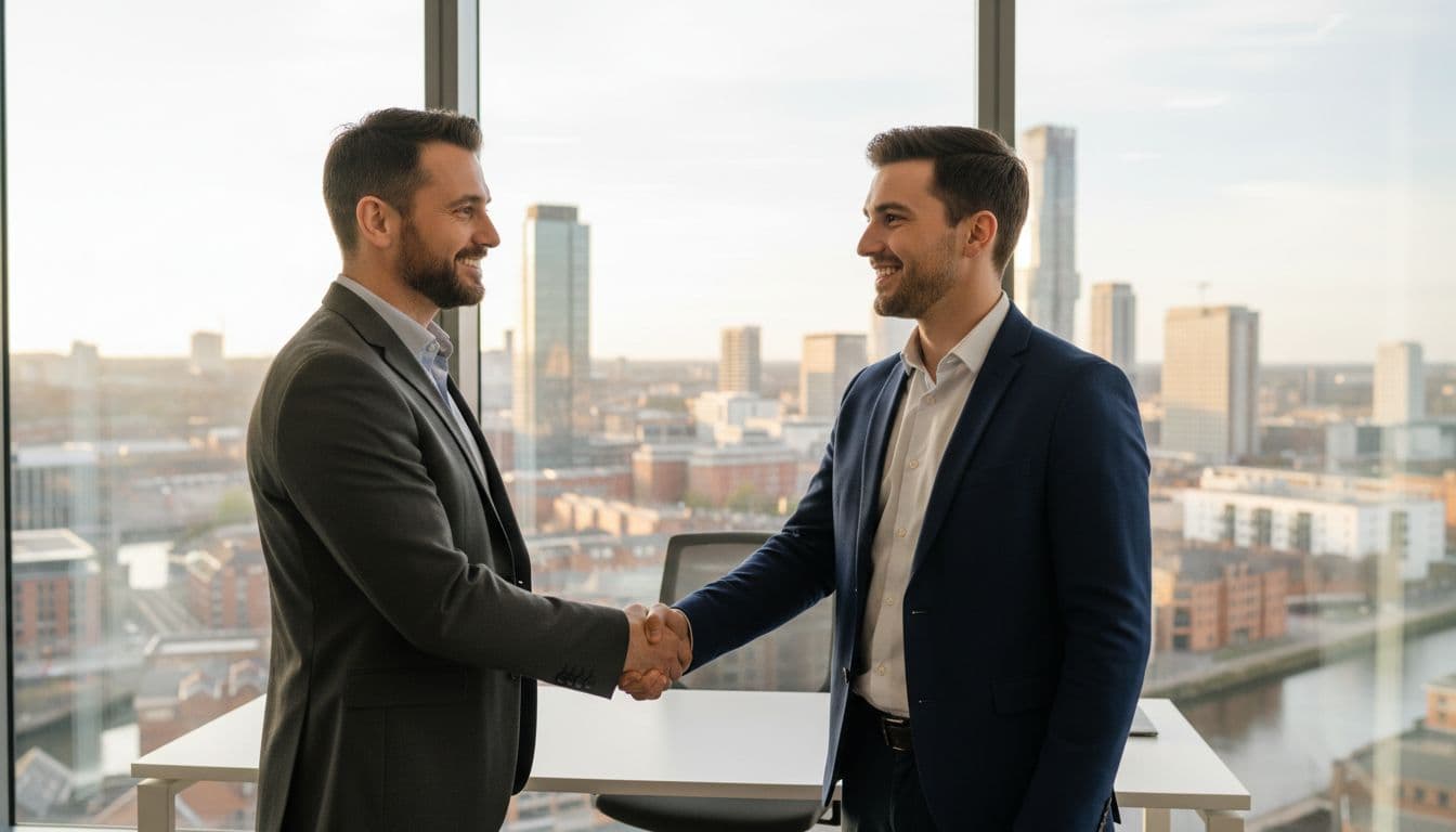 Business owner shaking hands with SEO consultant in a professional Birmingham office setting with city view window and warm natural light, realistic photograph focused on the handshake.