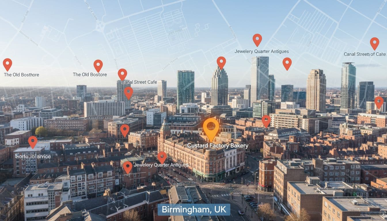 Vibrant daytime Birmingham city skyline overlaid with Google Maps pins on local businesses, one shop pin highlighted in realistic style with natural lighting, no people, text, or logos.