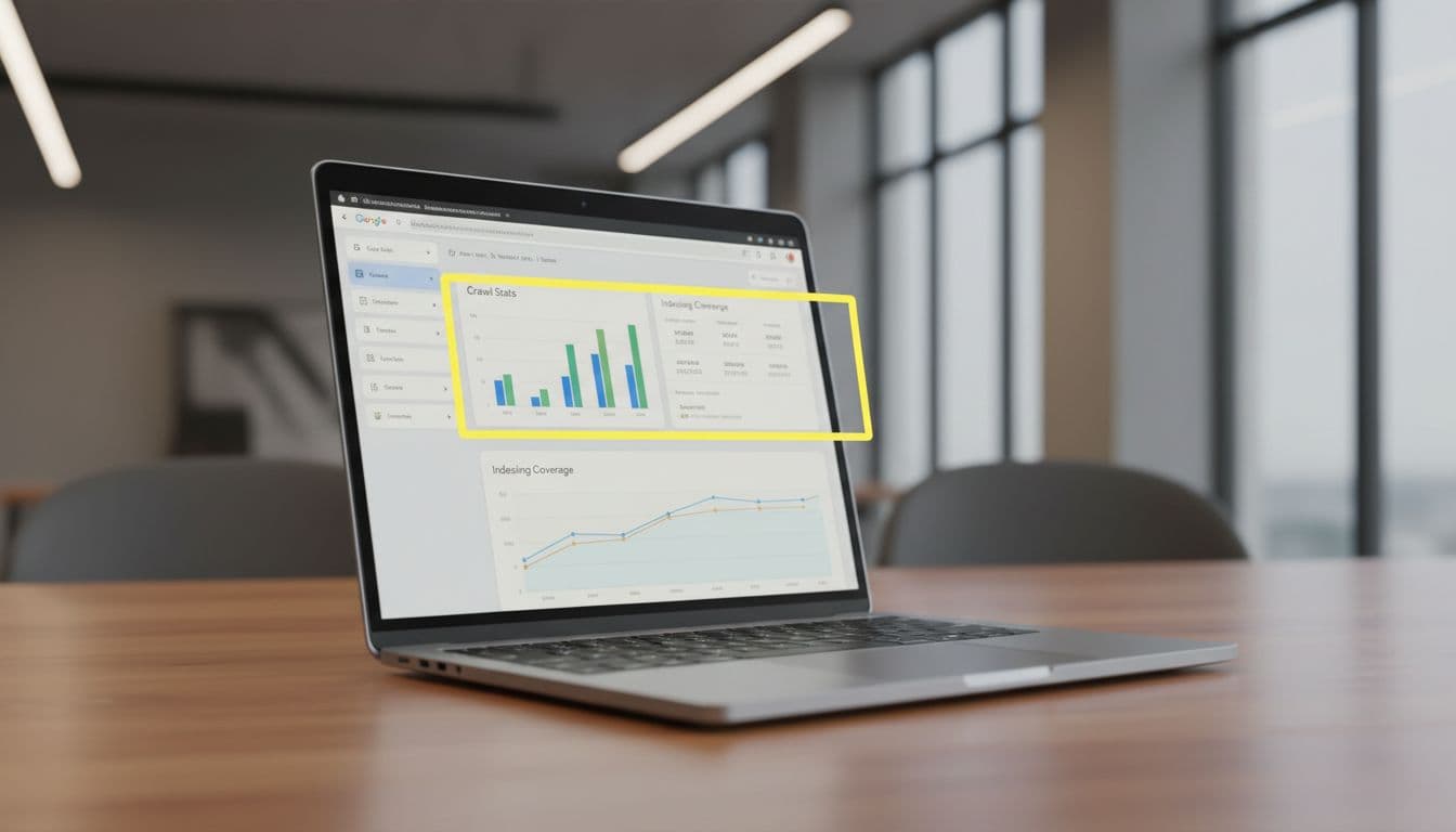 Laptop screen showing Google Search Console interface with highlighted technical SEO metrics including crawl stats and indexing coverage on a clean dashboard with charts, in a professional modern office desk setup.