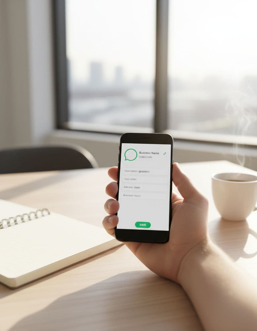 A smartphone held in one relaxed hand displays the WhatsApp Business profile setup screen with slightly blurred business details like photo, name, description, address, and hours. Positioned on a clean wooden desk with a notebook and coffee cup in a modern office, illuminated by bright natural window light.