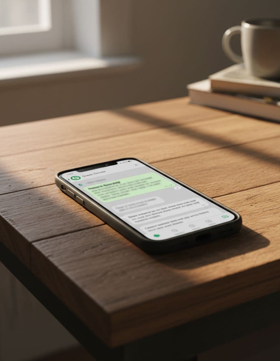 Smartphone on wooden table in cozy home office showing WhatsApp chat with blurred promotional message, green ticks, and profile icon under soft sunlight.