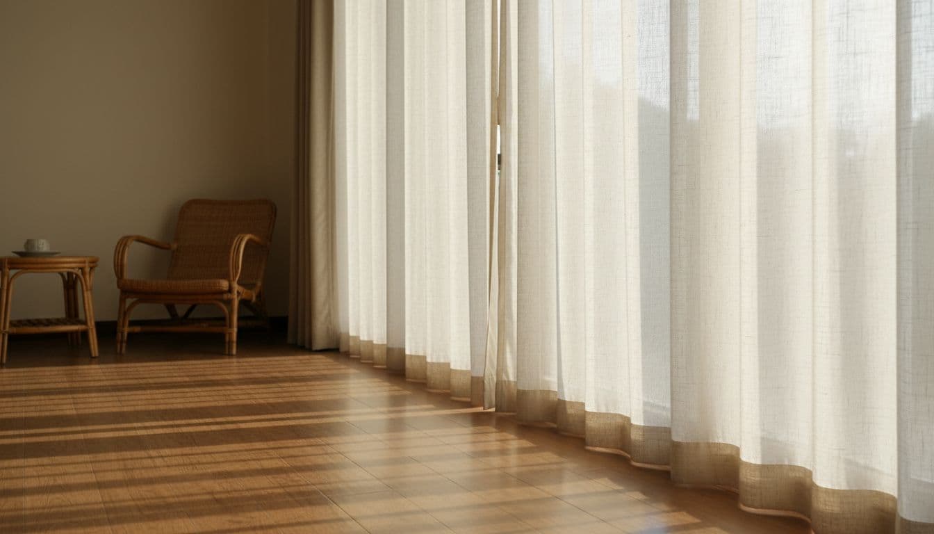 Large window with thin cream linen curtains in Bali tropical home, morning sunlight filters through casting soft shadows on wooden floor.