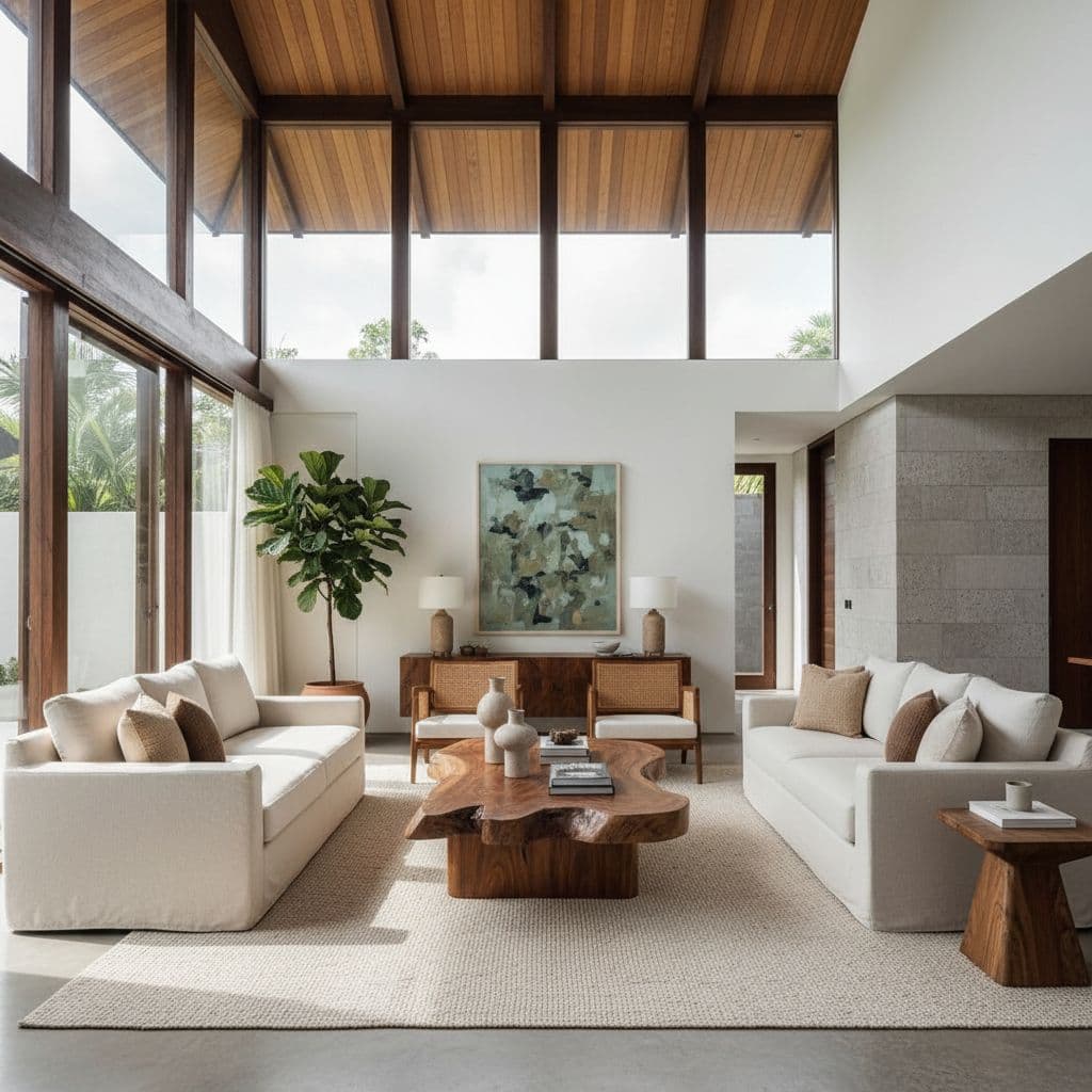 Spacious living room in modern Bali villa with large solid wood coffee table, high ceilings, and natural sunlight.