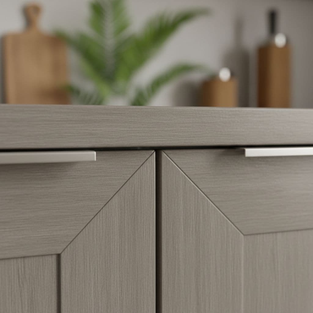 Close-up of straight panel edge, smooth metal hinge, and glossy gray wood HPL finish at kitchen set joint edge detail.