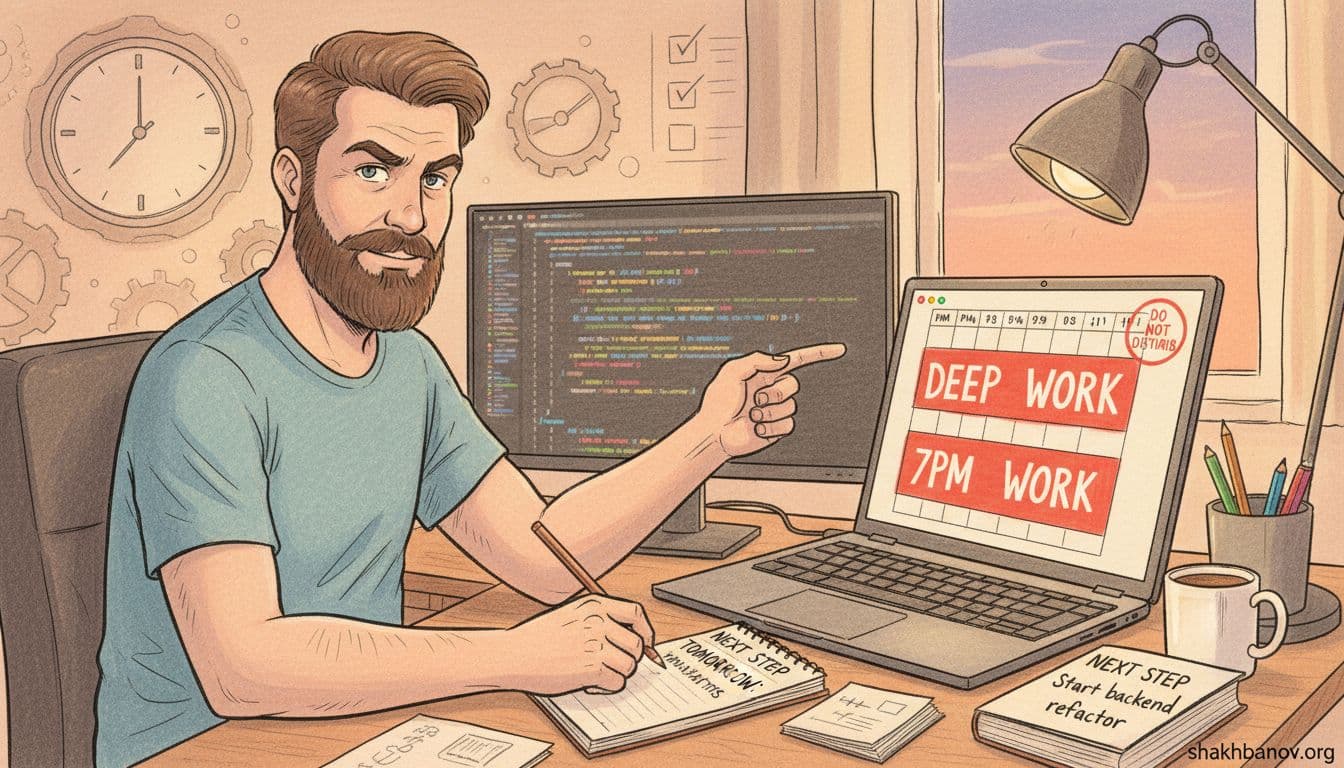 Hand-drawn comic-style illustration of a 30-year-old bearded IT guy in a t-shirt at his desk, adding 2-hour deep work blocks to his laptop calendar with 'do not disturb' status, preparing evening materials, and noting tomorrow's next step on a notepad. He looks determined and organized amid a clean background with subtle clock and checklist elements, evoking a calm, focused mood under warm lighting.