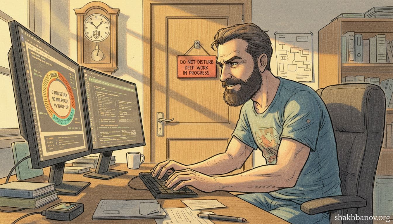 Hand-drawn comic-style illustration with colored pencils depicting a 30-year-old bearded IT professional deeply focused at his desk during a structured 2-hour deep work block, featuring a 'do not disturb' sign, timer, and serene concentration atmosphere.