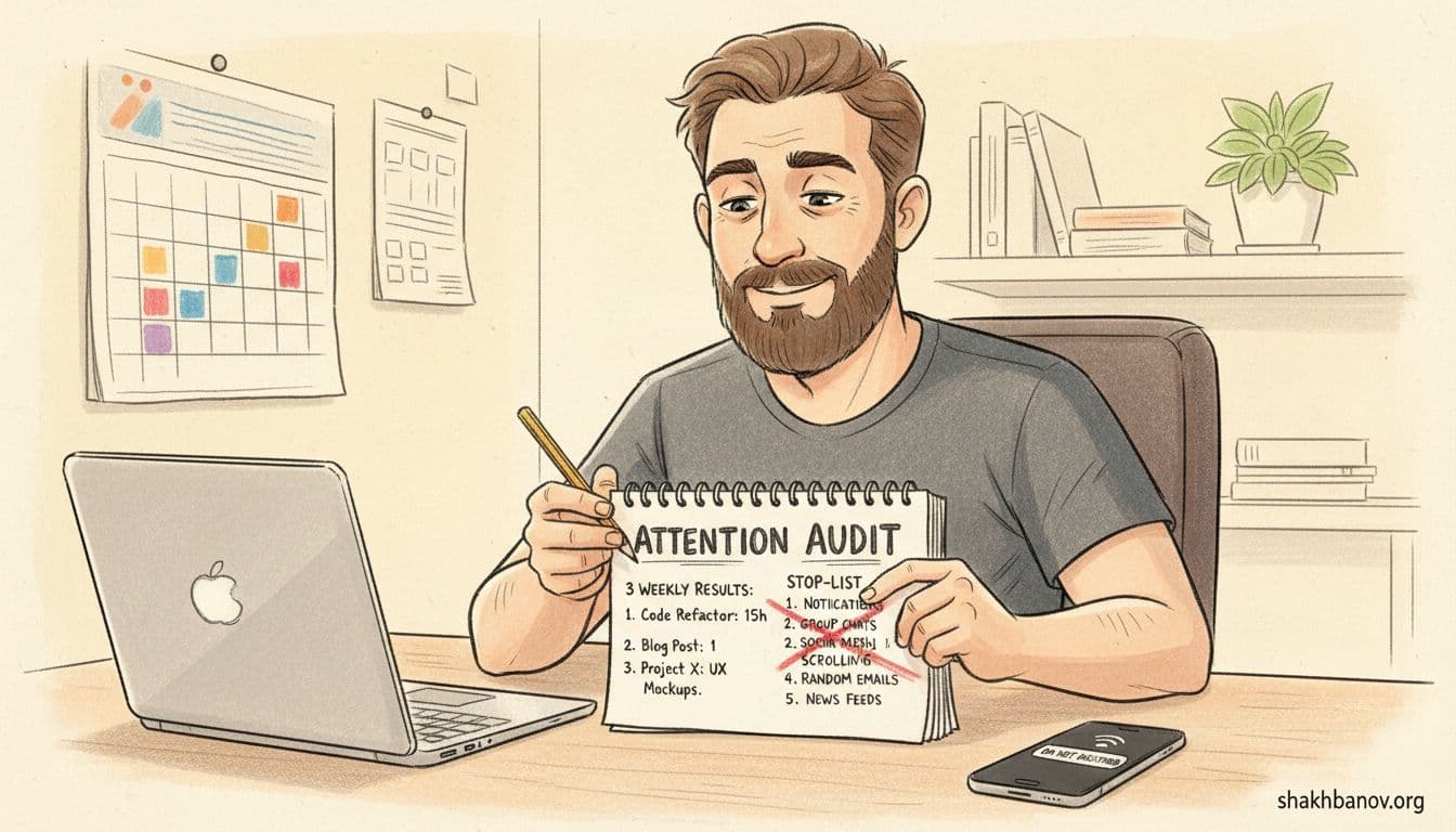 Hand-drawn comic-style illustration with colored pencils of a 30-year-old bearded IT guy at a simple desk with laptop and notebook, listing weekly results and crossing out distractions like notifications and chats, phone set aside with notifications off, focused and relieved expression in a serene productive workspace.
