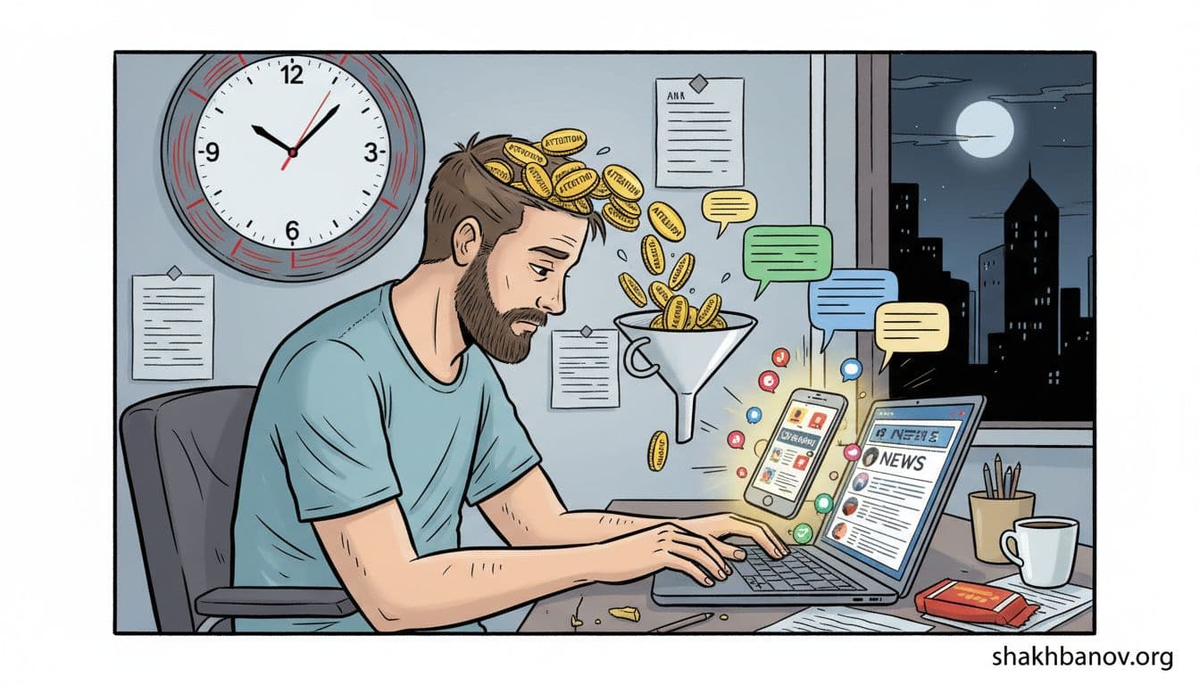 Comic-style hand-drawn illustration of a bearded 30-year-old IT worker at his desk, with attention coins leaking from his head via a funnel into phone notifications, endless news feeds, and chats, amid an atmosphere of disappointment.