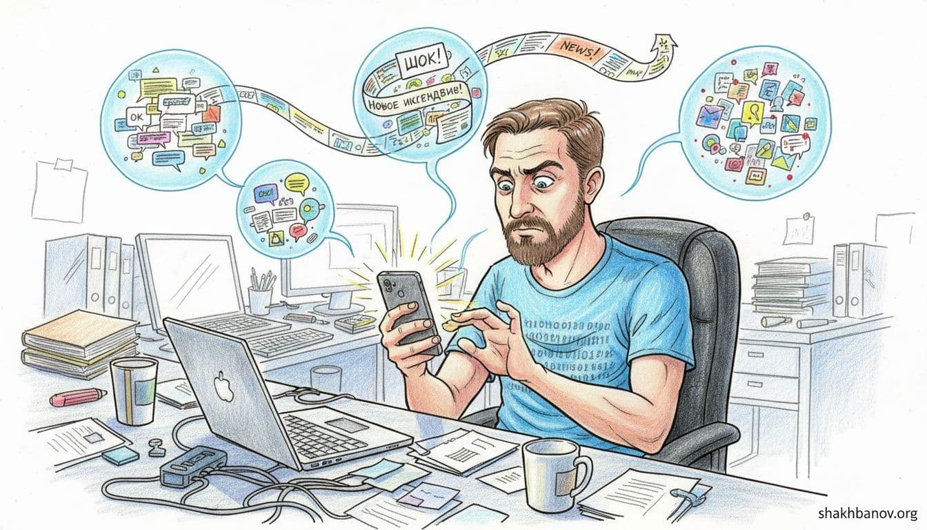 Hand-drawn comic-style illustration with colored pencils of a 30-year-old bearded IT guy in a t-shirt at a desk with laptop, irritated by phone notifications, endless news feed scrolling, and chat messages, with distraction bubbles around him.