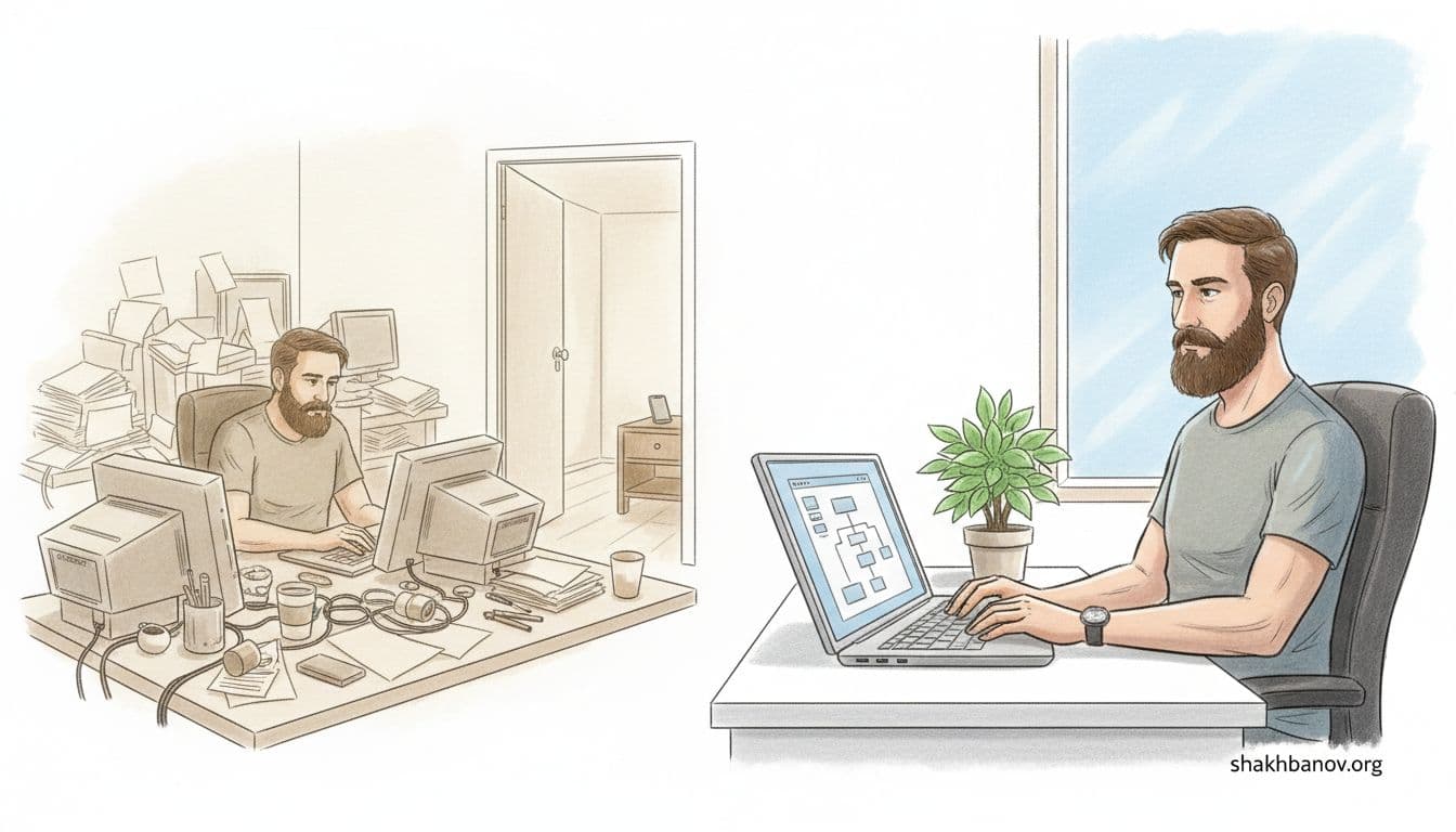Hand-drawn comic-style colored pencil illustration of a 30-year-old bearded IT guy in a t-shirt at a sterile clean desk, focused on a single laptop document with notifications off and phone distant, contrasted by faded messy desk background for a calm productive mood.