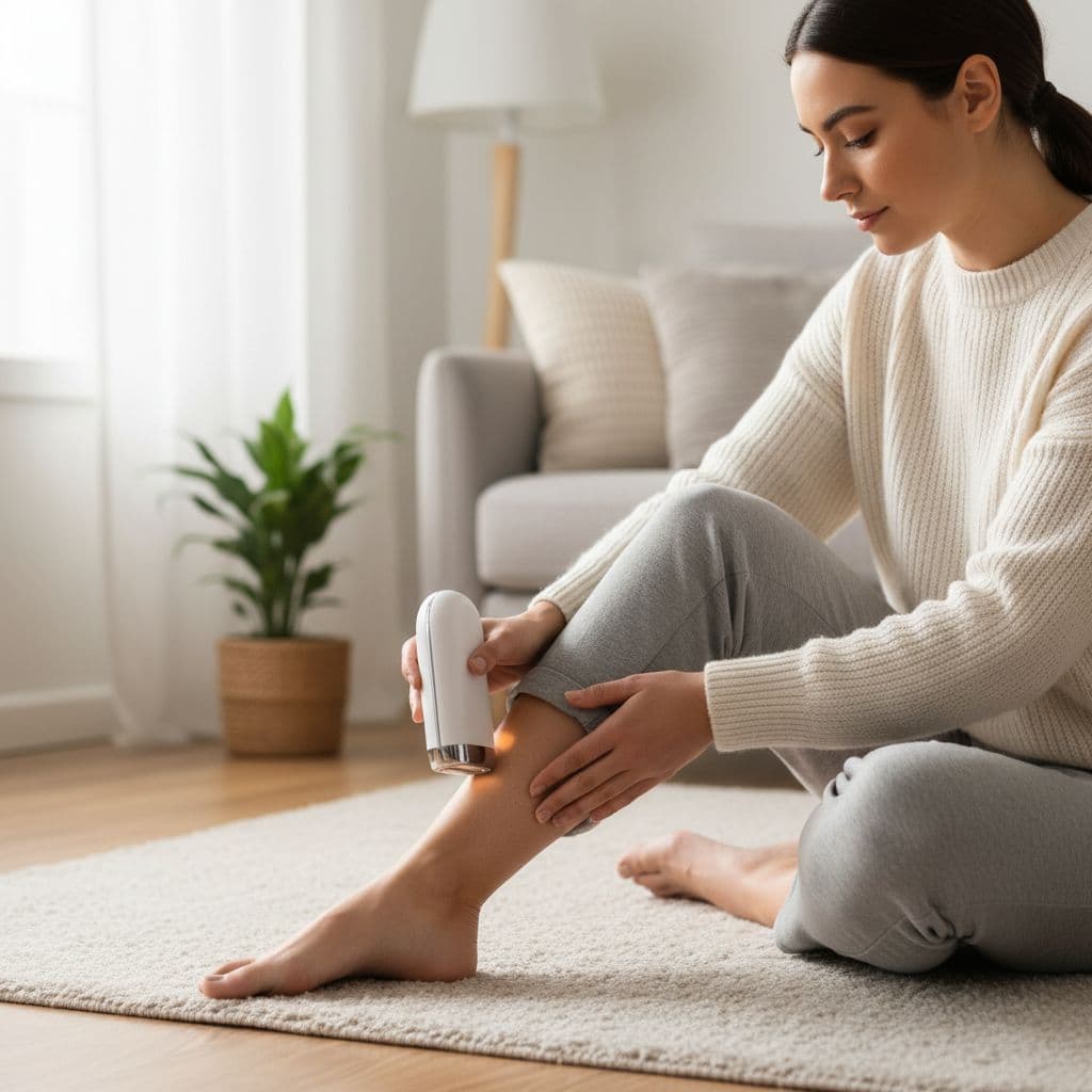 A person sits comfortably while carefully using a handheld IPL device on their lower leg.