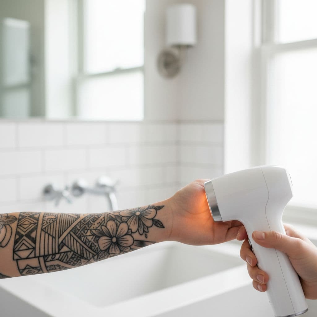 A handheld IPL device is held near a tattooed forearm in a bright bathroom setting.