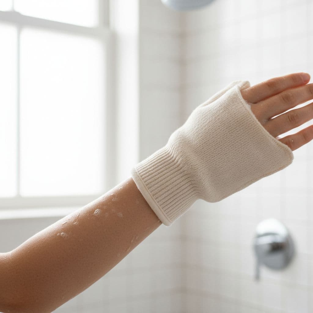 A person gently scrubs their forearm with a soft white exfoliating glove in a bright bathroom.