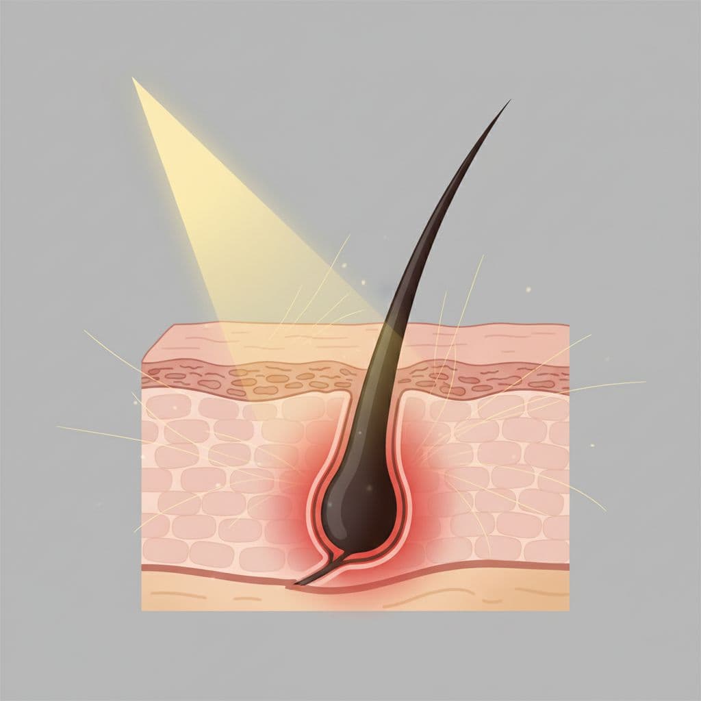 A diagram shows a beam of light targeting the base of a single human hair follicle.