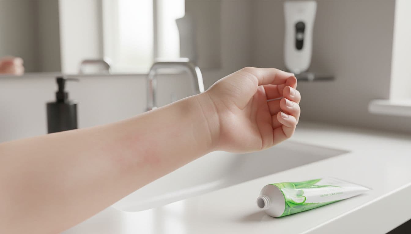 Photorealistic illustration of mild redness and slight swelling on fair arm skin post-IPL treatment, featuring pink patches around hair follicles, blurred bathroom background with IPL device and aloe vera gel for aftercare.