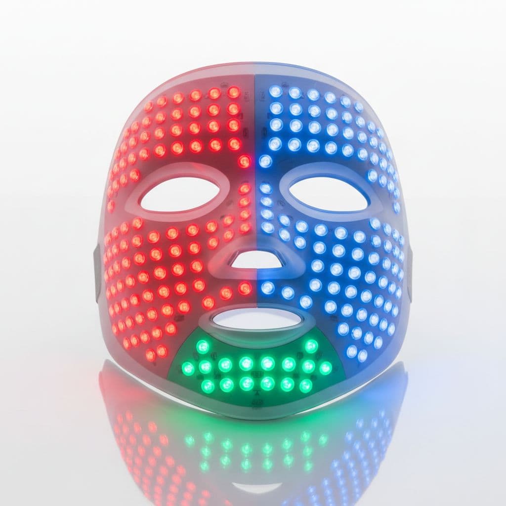 Close-up of a multi-color LED face mask on a clean surface
