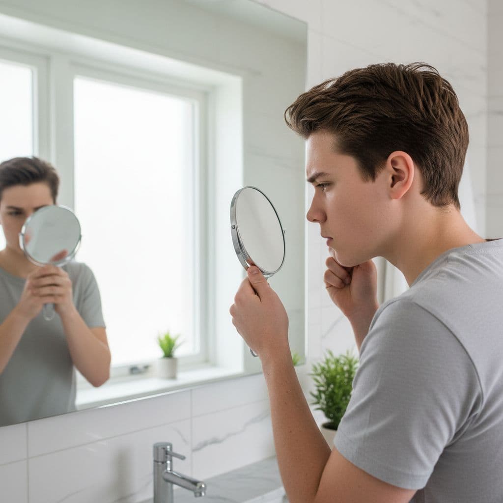 A focused individual examines their complexion in a bathroom mirror using a handheld magnifying tool.