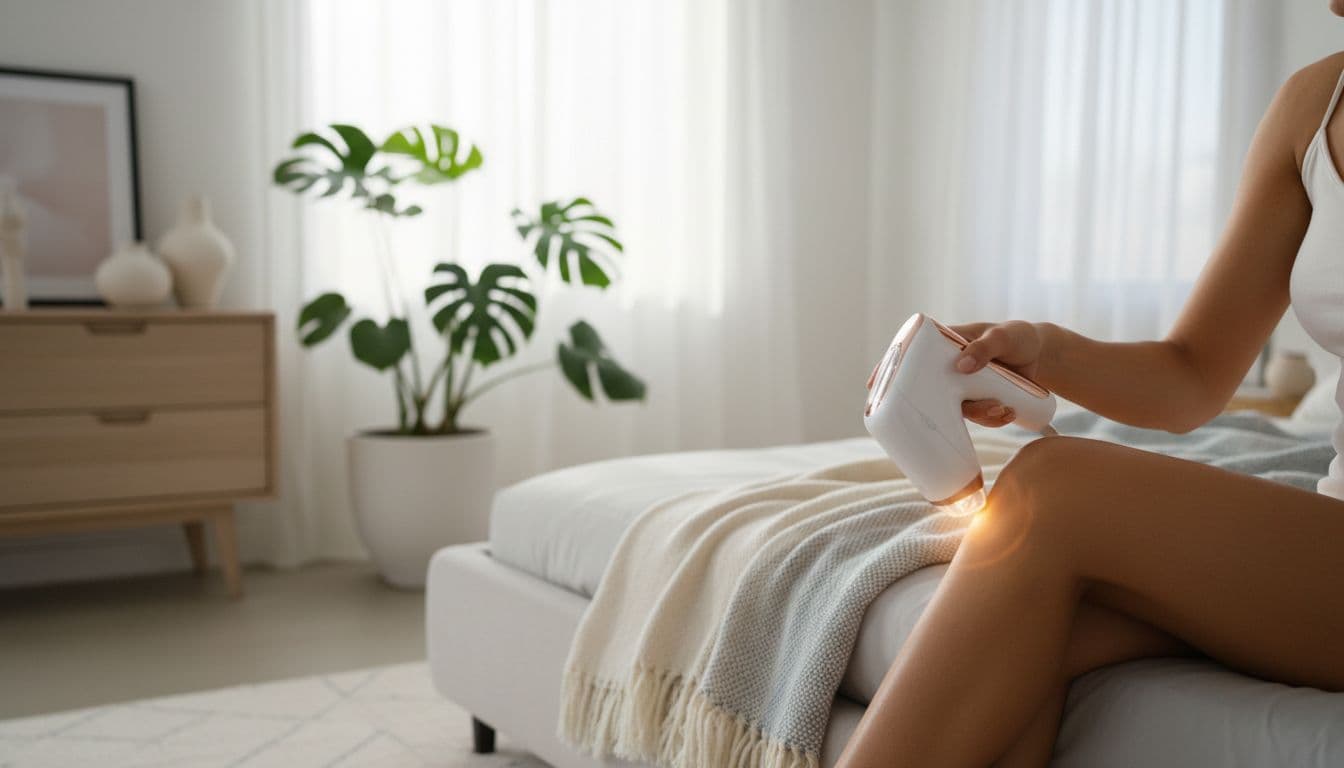 A person uses a handheld IPL device on their leg in a sunlit modern bedroom.