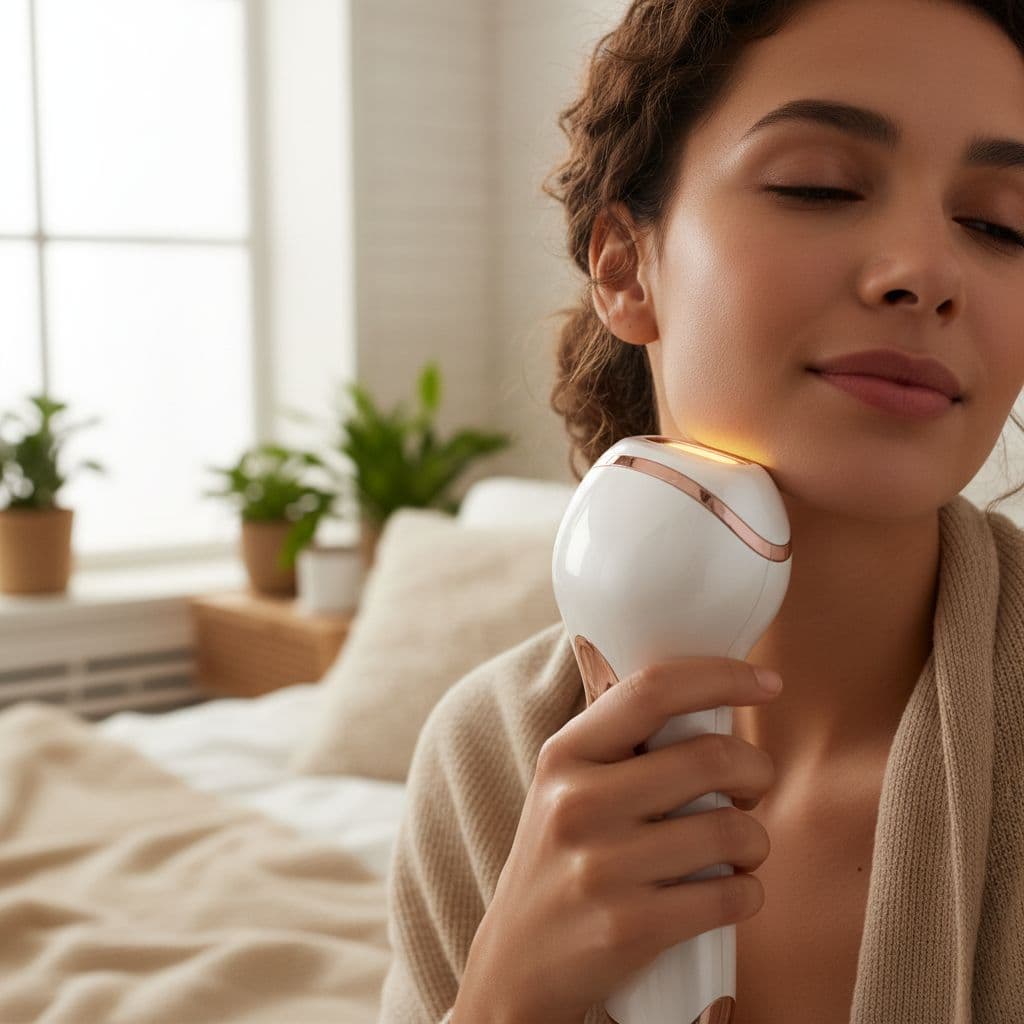 A person gently uses a handheld IPL device on their jawline in a sunlit bedroom.