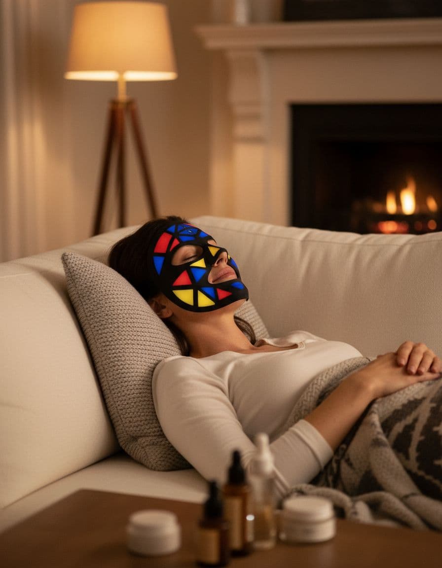 Woman relaxing at home with a glowing LED face mask