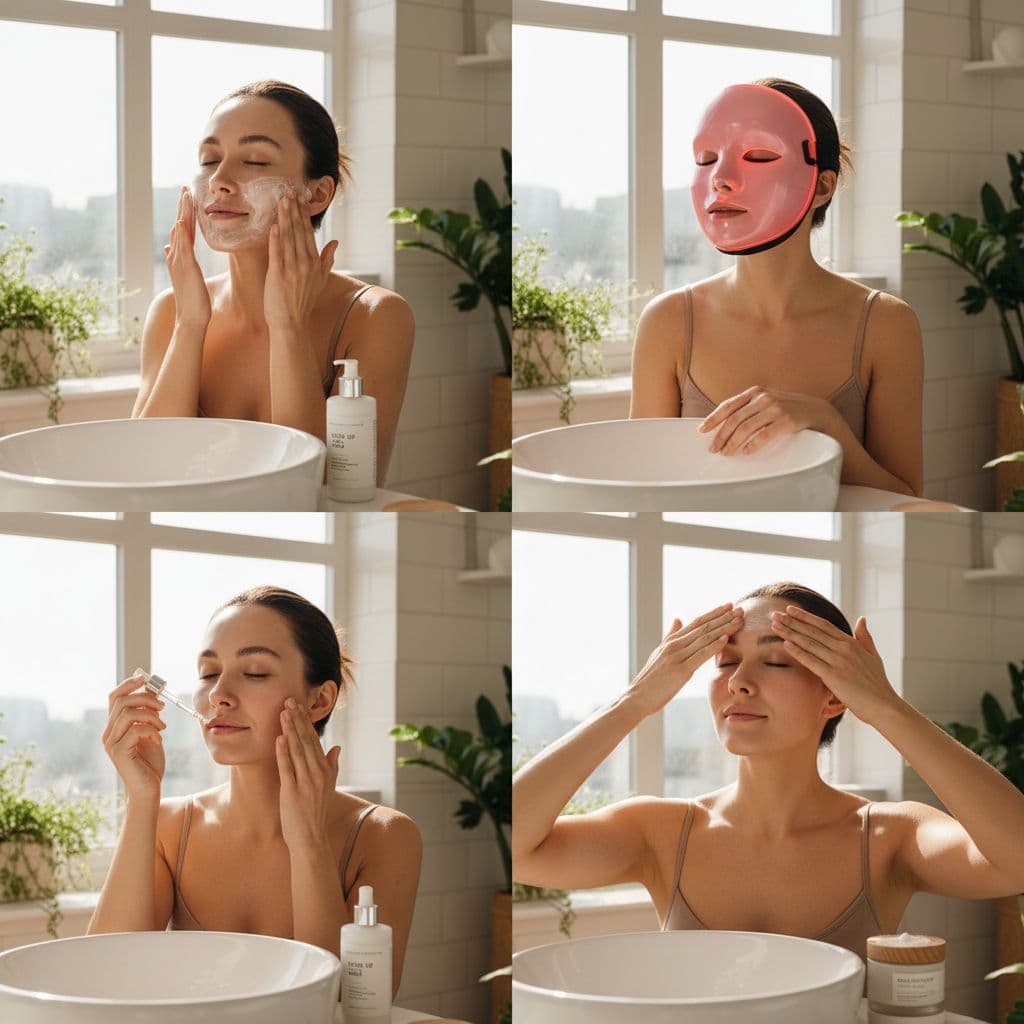 Collage showing cleansing, LED mask use, and post-care skincare