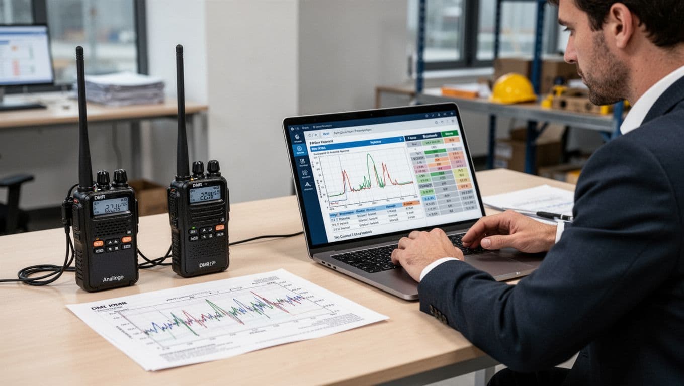 Realistic modern editorial illustration depicting analog and DMR radios side by side on a table with antennas and frequency spectrum paper, as a construction decision-maker reviews a comparison chart on a laptop in a logistics office with soft lighting and corporate style.