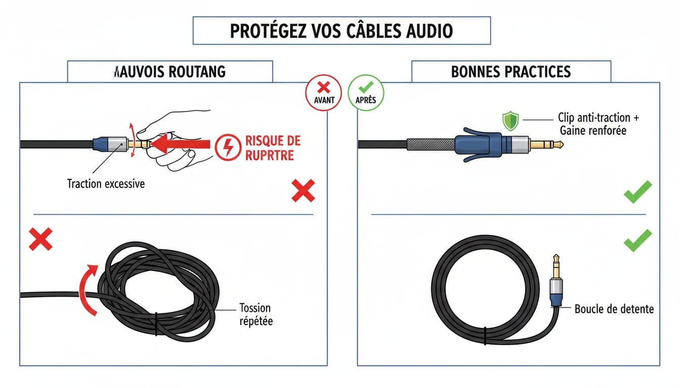 Illustration didactique en style infographie claire sur fond blanc, comparant les risques de traction excessive et torsion répétée des câbles audio avec des versions protégées par gaine renforcée, clip anti-traction et boucle de détente.
