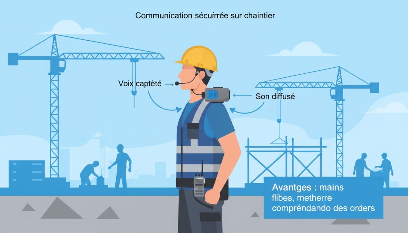 Ouvrier sur chantier utilisant un haut-parleur déporté pour communiquer