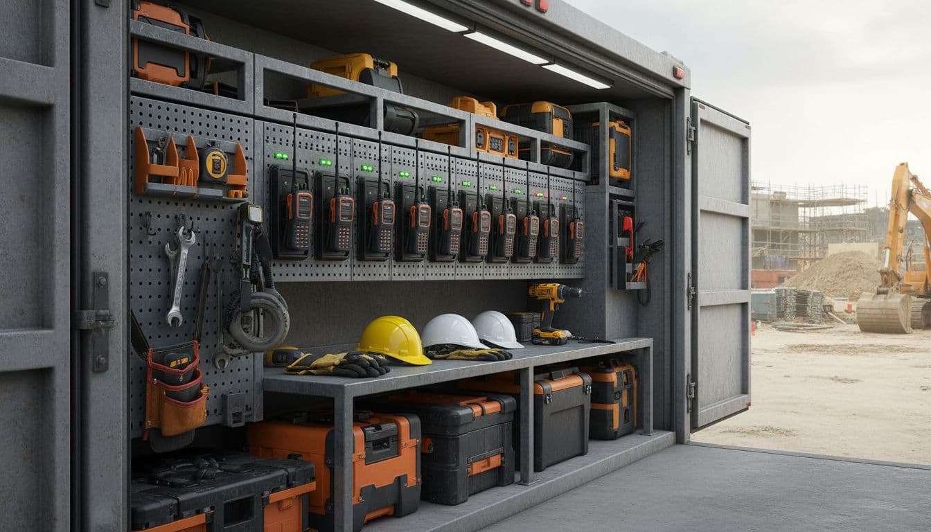 Realistic depiction of a radio battery charger station in a BTP vehicle setup on a construction site, featuring multiple terminals charging amid tools and helmets. Organized composition under daylight, high resolution with no logos or text.