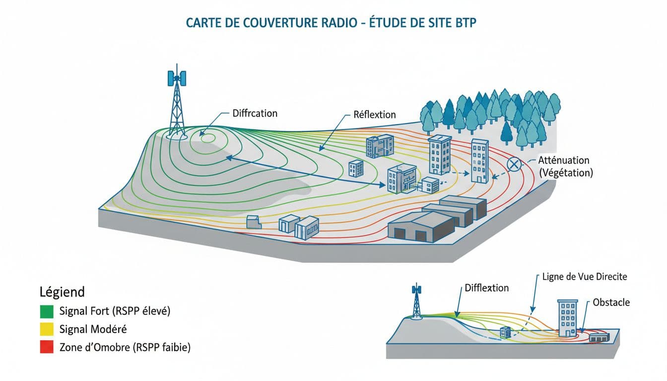 Carte de couverture radio sur site BTP avec relief