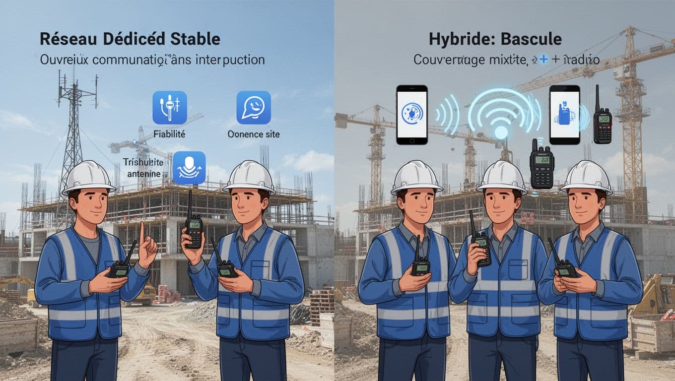 Corporate tech infographic illustration in blue/gray tones showing a 16:9 construction site scene with three workers: left side depicts stable dedicated network with reliable communication via site antenna, right side shows hybrid network with fluctuating signal using smartphones and radios.