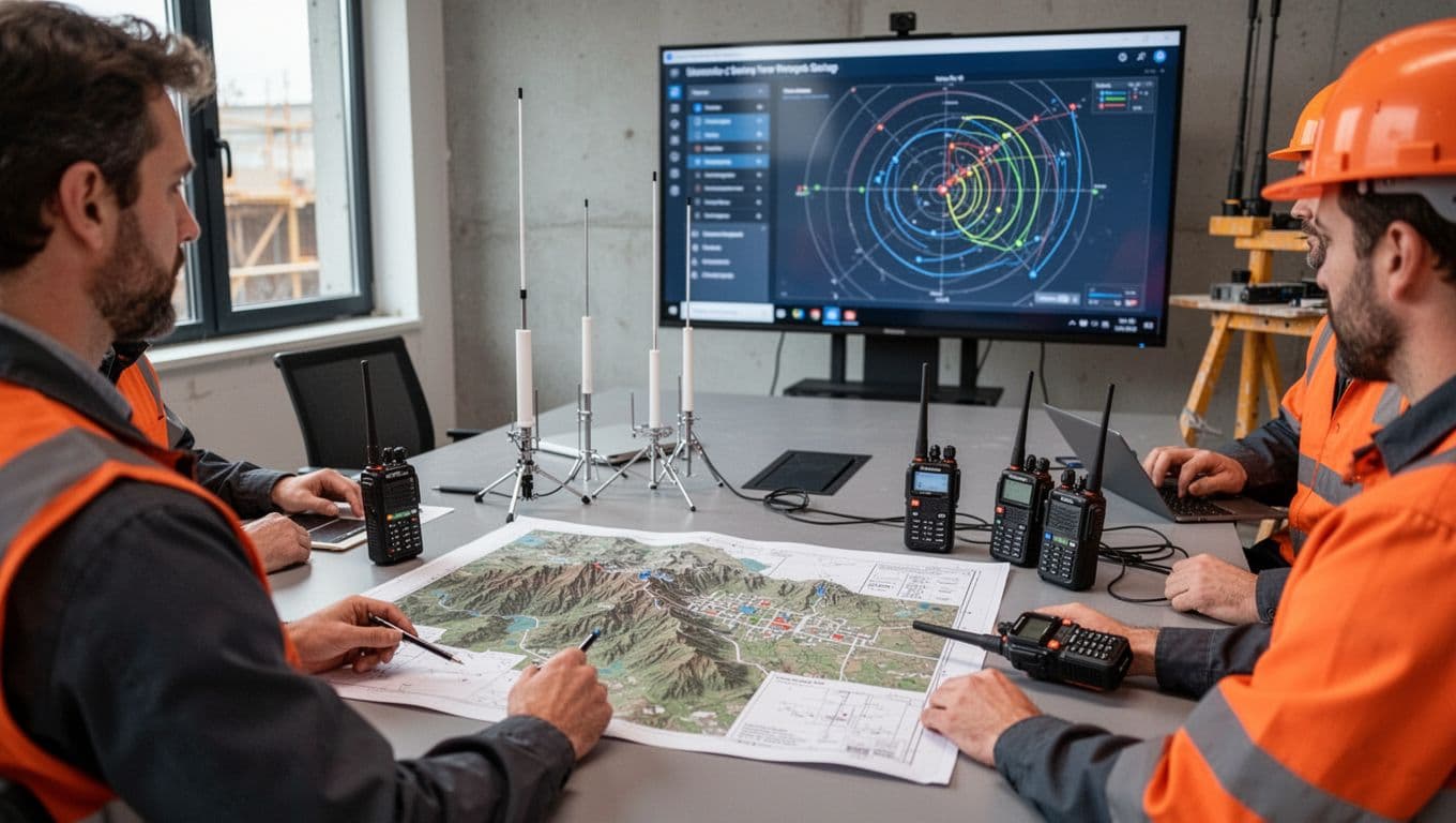 Realistic modern editorial illustration of a construction team around a meeting table examining a site plan with topographic map, radio antennas, portable radios, and a radio coverage diagram on a screen. Professional BTP atmosphere with natural light, corporate photo style, sober blue-gray-orange colors, slight depth of field, only one person visible in foreground.