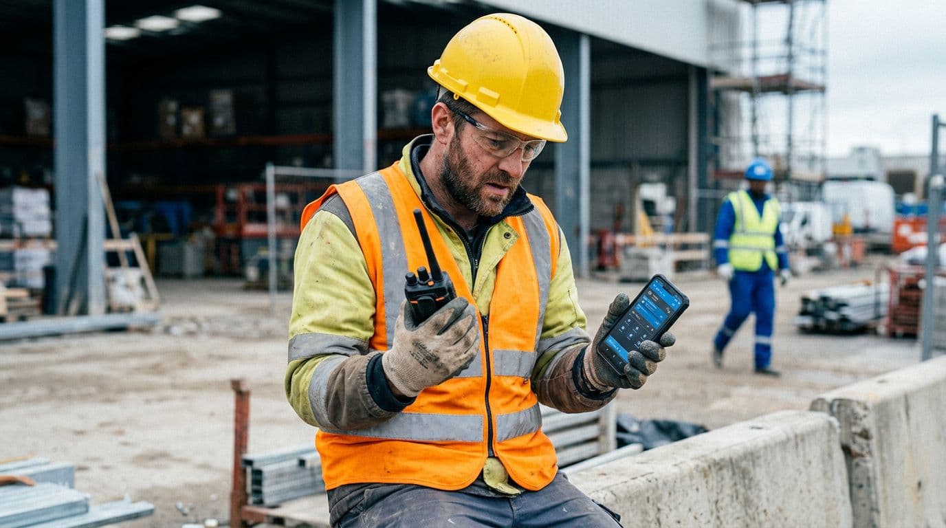 Illustration photoréaliste montrant un ouvrier de chantier hésitant entre une two-way radio professionnelle robuste avec antenne et bouton push-to-talk et un smartphone avec une appli PTT, avec un entrepôt et un agent de sécurité flous en arrière-plan.