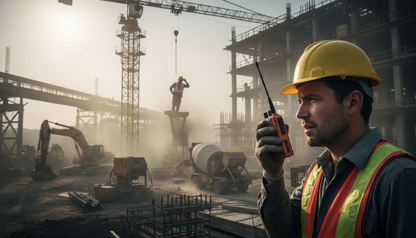 Ouvrier sur chantier utilisant une radio professionnelle