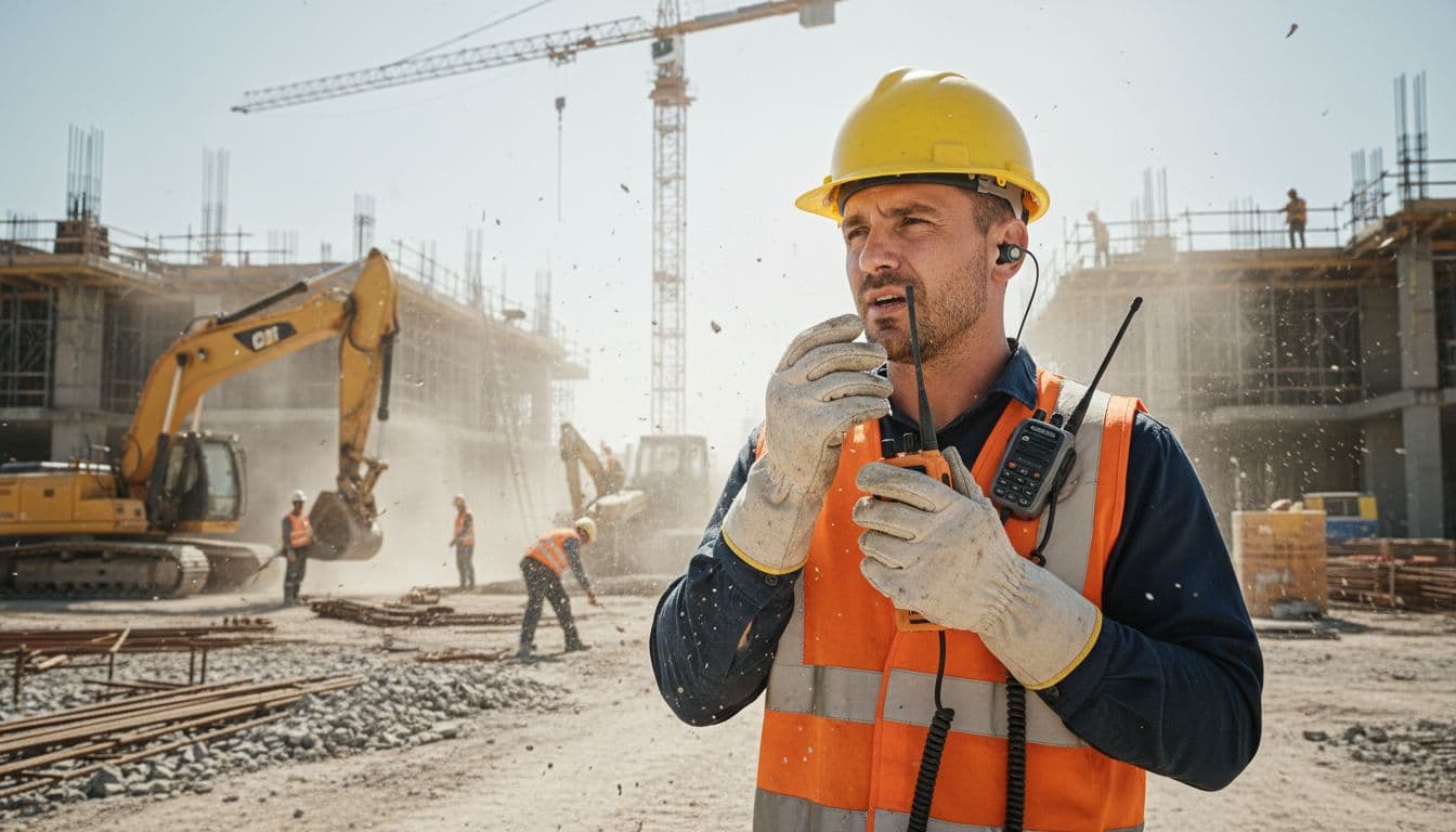 Ouvrier du BTP utilisant une radio avec micro d’épaule