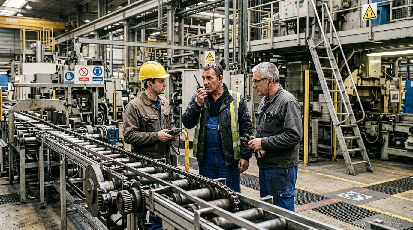 Realistic industrial photo showing three technicians with radios and earpieces coordinating around a stopped production line in a factory, with natural light, machines, ladders, and signage in the background.